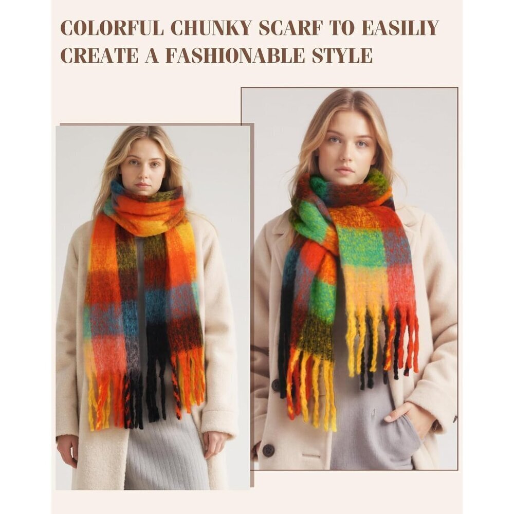 Women's Oversized Plaid Blanket Scarf Chunky Warm Shawl Wrap 80 characters - Picture 3 of 6